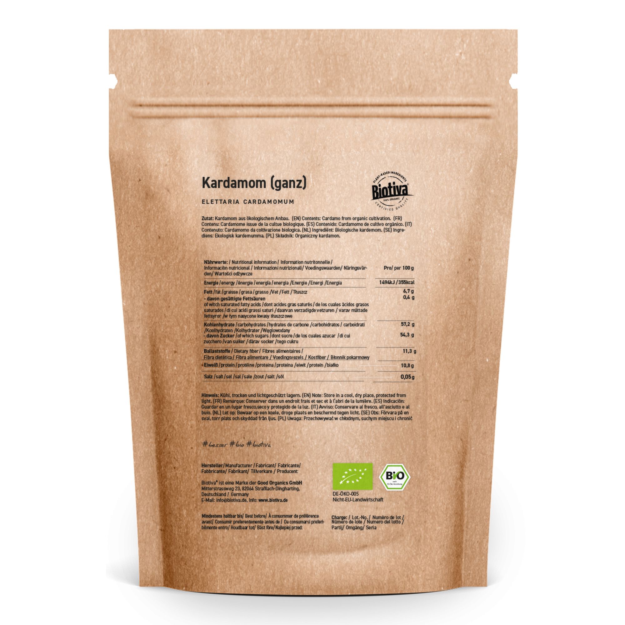 Sacchetto di carta marrone con "Kardamom (ganz)" e "Biotiva". Contiene certificazione biologica. Informazioni nutrizionali sul retro.