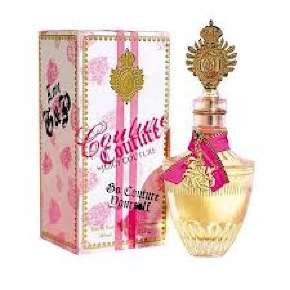 Flacone di profumo con tappo dorato e fiocco rosa. Confezione con nome e logo del prodotto.