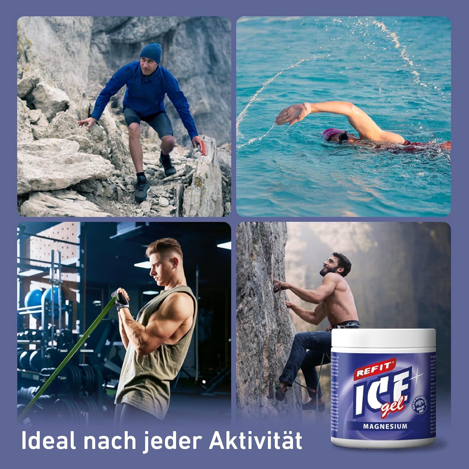 Barattolo di REFIT Ice Gel Magnesium. Atleti in arrampicata, nuoto, allenamento. Testo: Ideale dopo ogni attività.