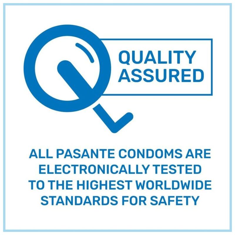Logo blu con lente d'ingrandimento e testo 'QUALITY ASSURED'. Testo sottostante: 'ALL PASANTE CONDOMS ARE ELECTRONICALLY TESTED...'
