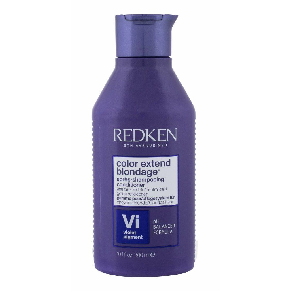 Flacone viola con etichetta. Scritta: Redken Color Extend Blondage Conditioner. Contiene 300 ml.