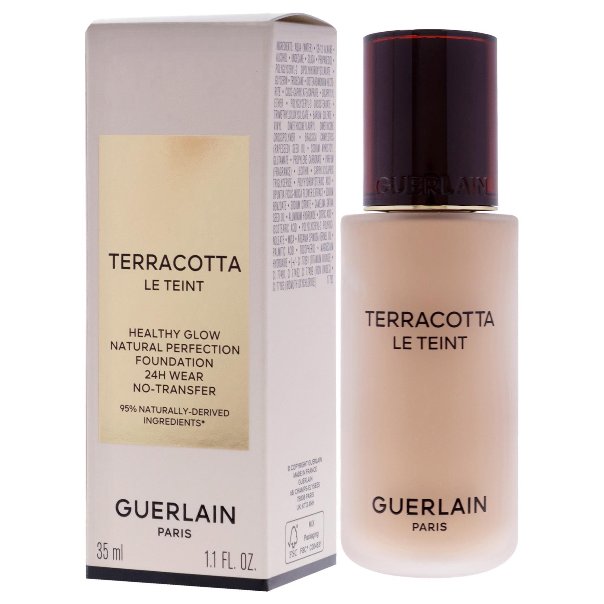 Fondotinta Guerlain Terracotta Le Teint. Flacone e confezione. Testo: Healthy Glow, Natural Perfection, 24H Wear, No-Transfer. 35 ml, 1.1 FL. OZ.