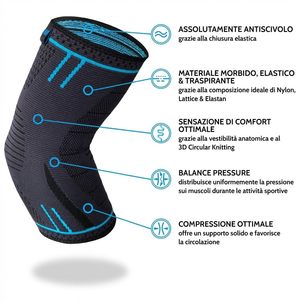 Tutore per gomito grigio-nero. Didascalie: Antiscivolo, traspirante, confortevole, equilibrio, compressione.