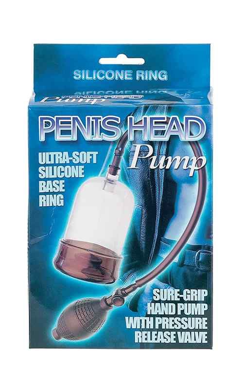Confezione PENIS HEAD Pump. Pompa con cilindro trasparente, tubo nero e pompa a mano. Testo: SILICONE RING, ULTRA-SOFT SILICONE BASE RING.