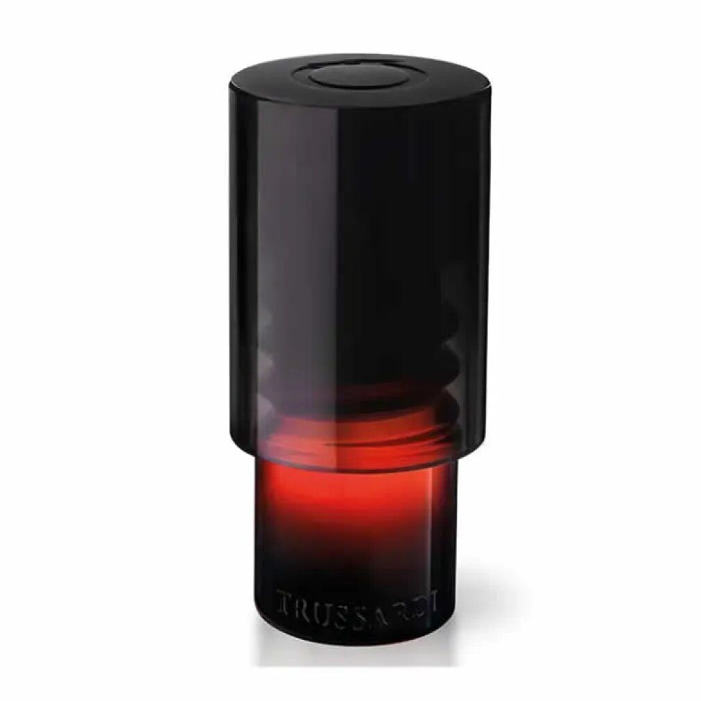 Flacone cilindrico nero e rosso. In basso, la scritta "TRUSSARDI".