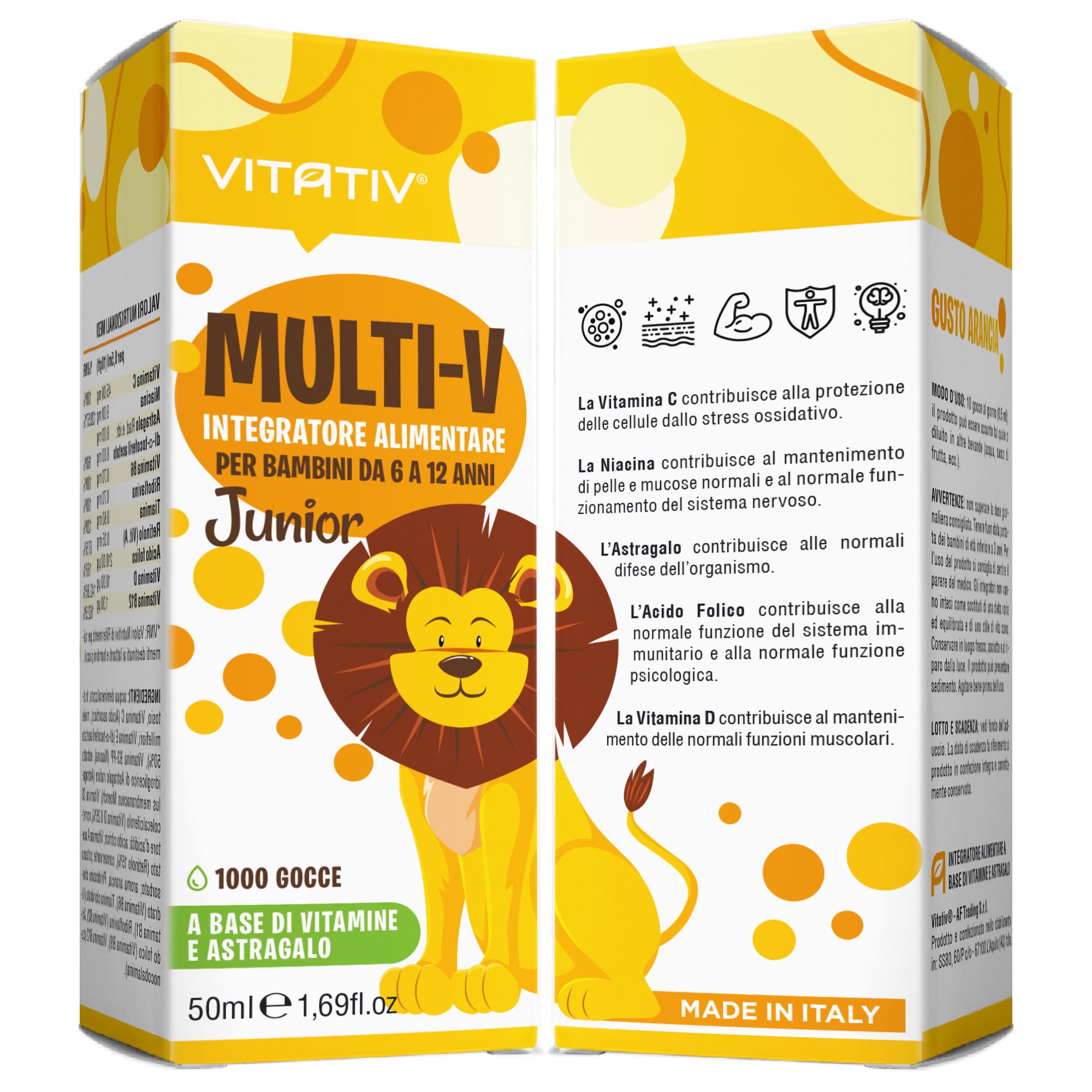 Confezione VITATIV® MULTI-V Junior. Contiene 1000 gocce. Con vitamine e astragalo. Prodotto in Italia.