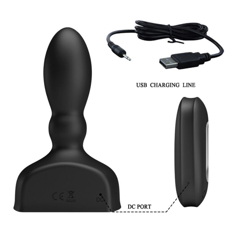 Vista posteriore di un vibratore anale gonfiabile nero con telecomando.