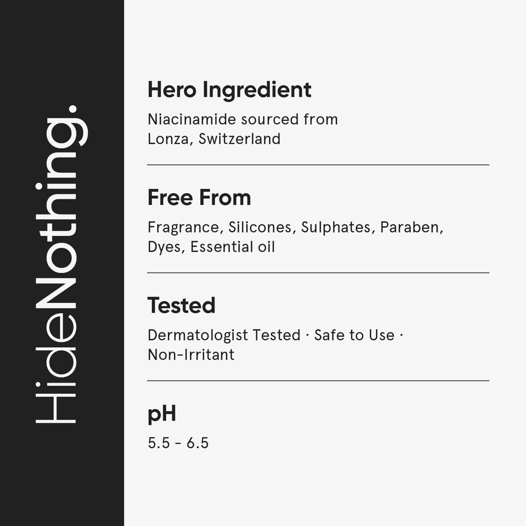Infografica testuale. Contiene informazioni sull'ingrediente Niacinamide, senza ingredienti, dermatologicamente testato e pH.