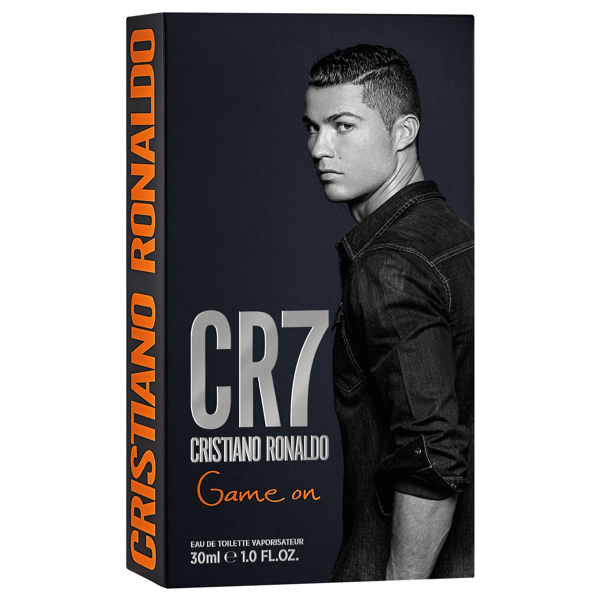 Confezione nera con CR7, Cristiano Ronaldo, Game on. Ritratto di Cristiano Ronaldo. 30ml.