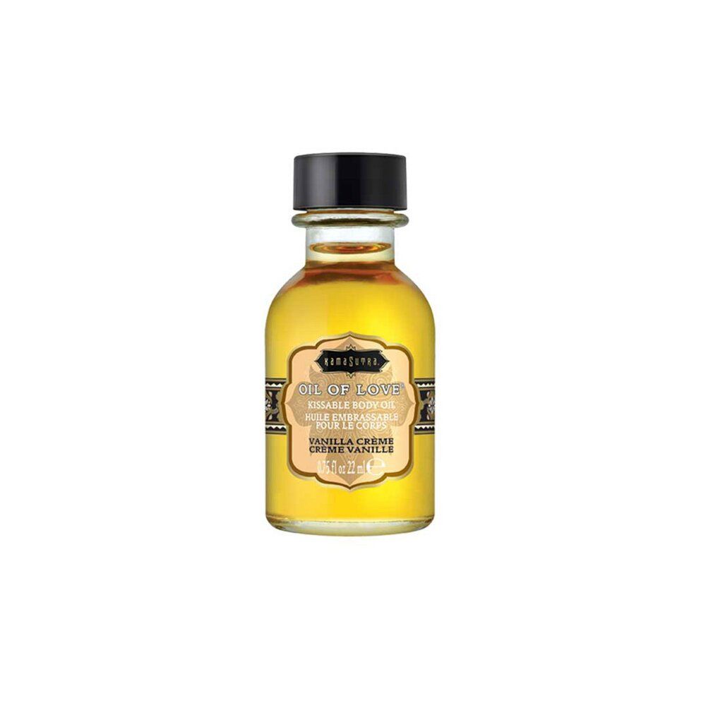 Flacone di olio giallo, tappo nero ed etichetta del prodotto. Scritta: OIL OF LOVE, Kissable Body Oil, Vanille Crème.