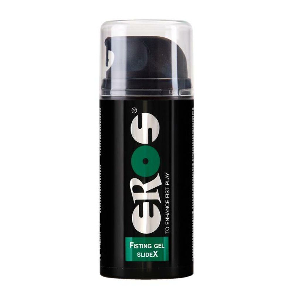 Flacone compatto con tappo nero e chiusura trasparente. Scritta: EROS, Fisting Gel, SlideX.