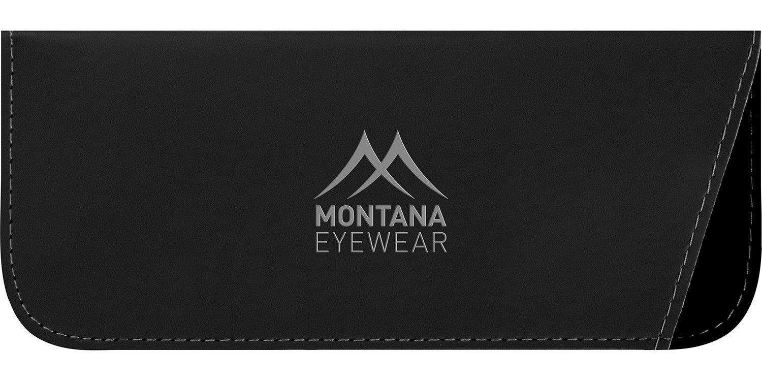 Custodia nera per occhiali con logo: MONTANA EYEWEAR. Montagne e scritta grigie. Tessuto nero e grigio.