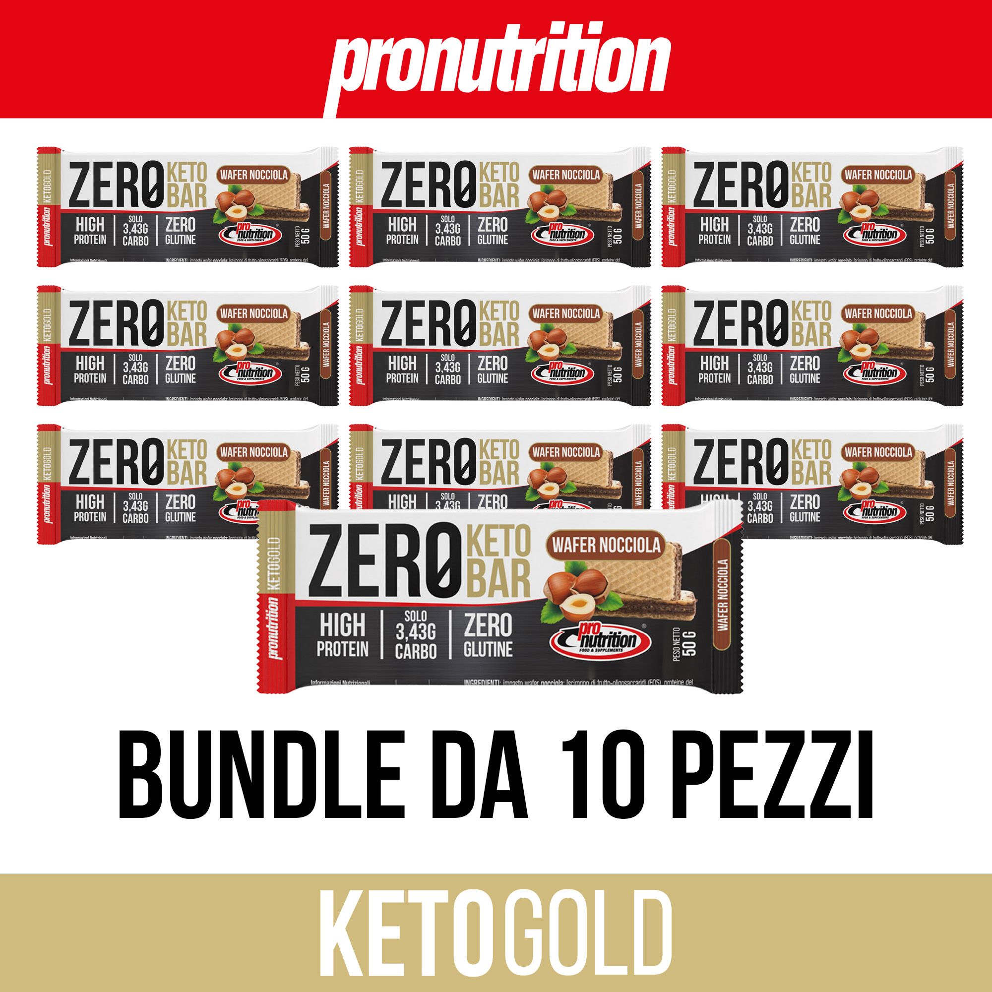 Confezione da 10 barrette Zero Keto. Scritto: Wafer Nocciola, 40% proteine, senza glutine. Marchio: Pronutrition.
