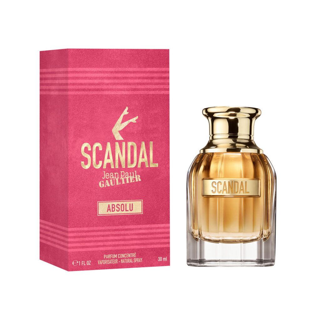 Flacone di profumo e confezione. Flacone con tappo dorato, scritta Scandal. Confezione rosa con scritta Scandal Absolu.
