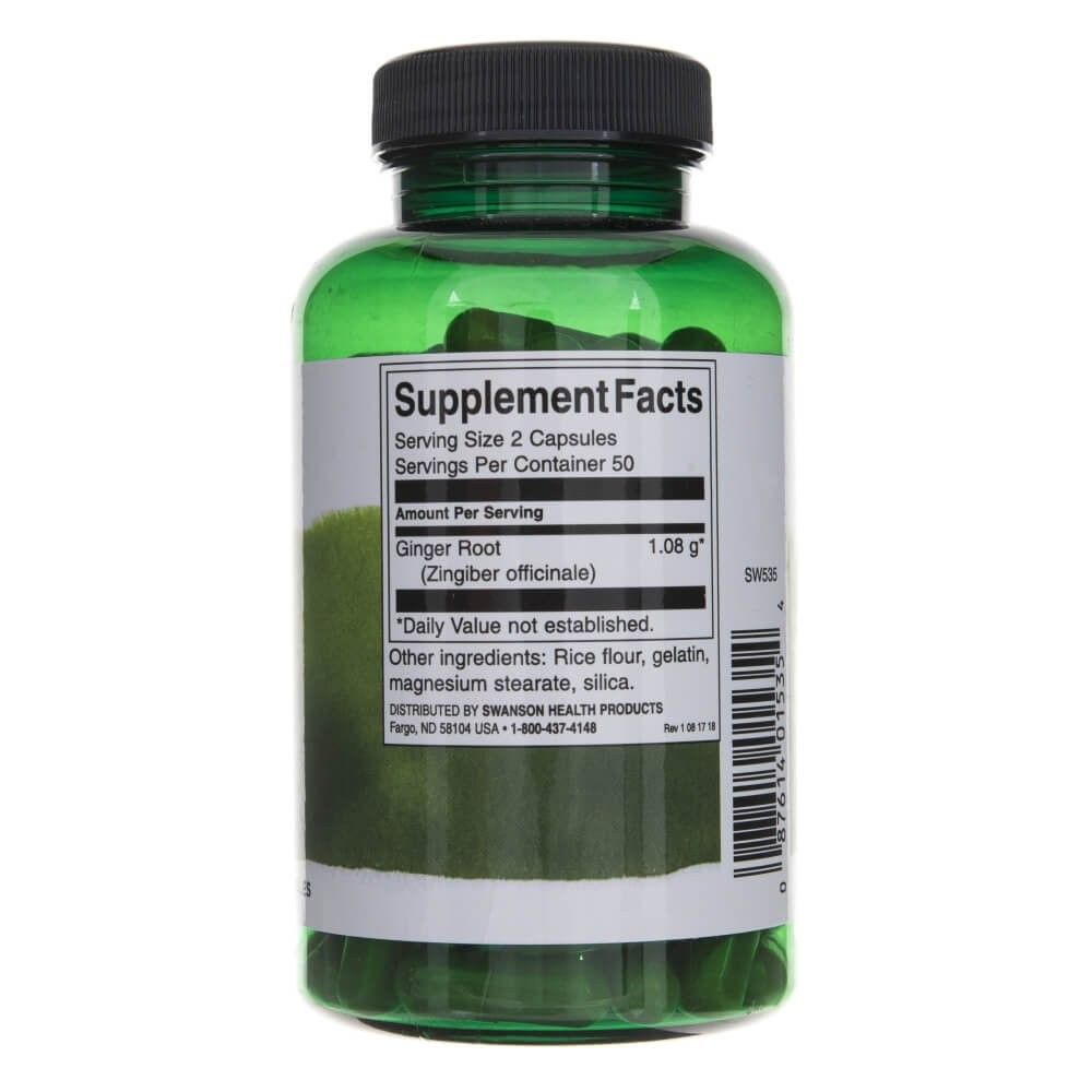 Retro di un flacone verde di capsule di radice di zenzero Swanson, informazioni nutrizionali.
