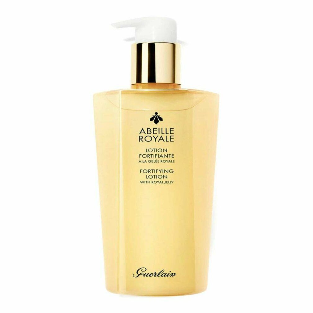 Flacone giallo con dosatore. Scritta: Abeille Royale, Lotion Fortifiante à la Gelée Royale, Fortifying Lotion. Marchio Guerlain.