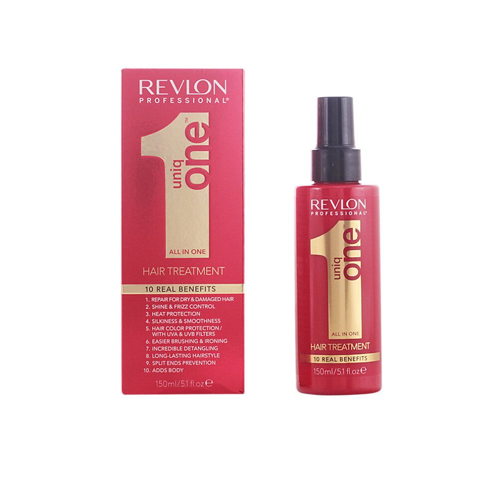 Flacone e confezione Revlon Uniq One rossi. Scritta: All in One Hair Treatment. 10 benefici. Erogatore spray.