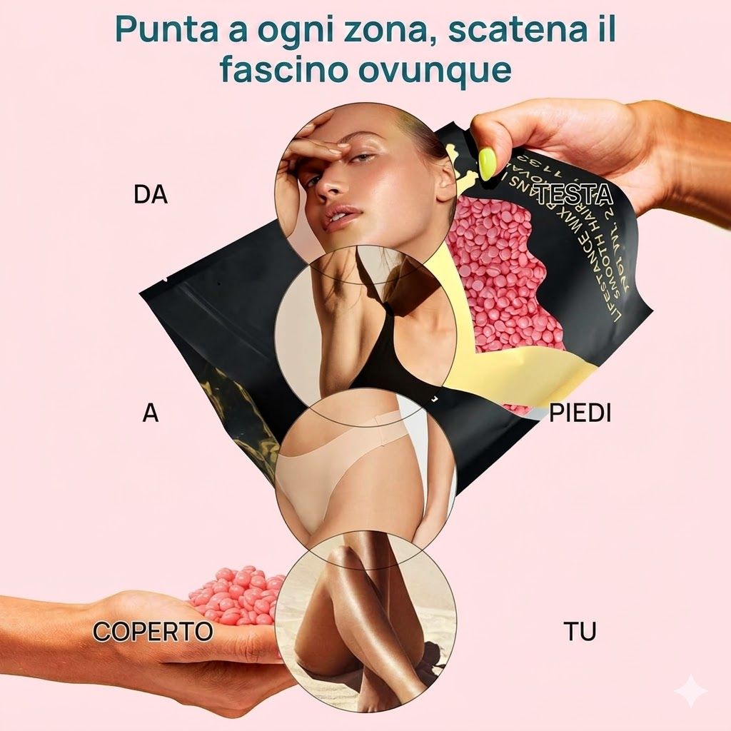 Perle di cera rosa in una mano. Immagini di volti e corpi. Testo: Dalla testa ai piedi, coperto.
