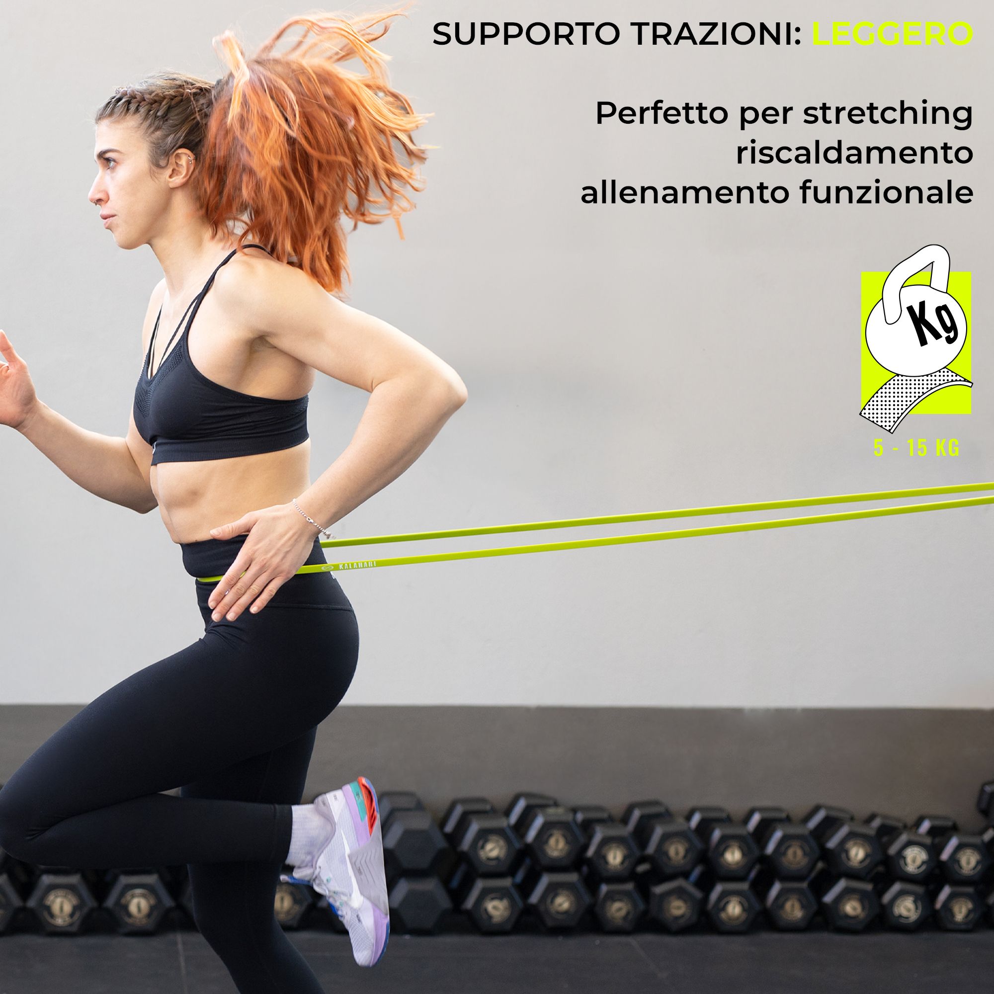 Donna corre con elastico verde neon in vita, logo "KALAHARI".