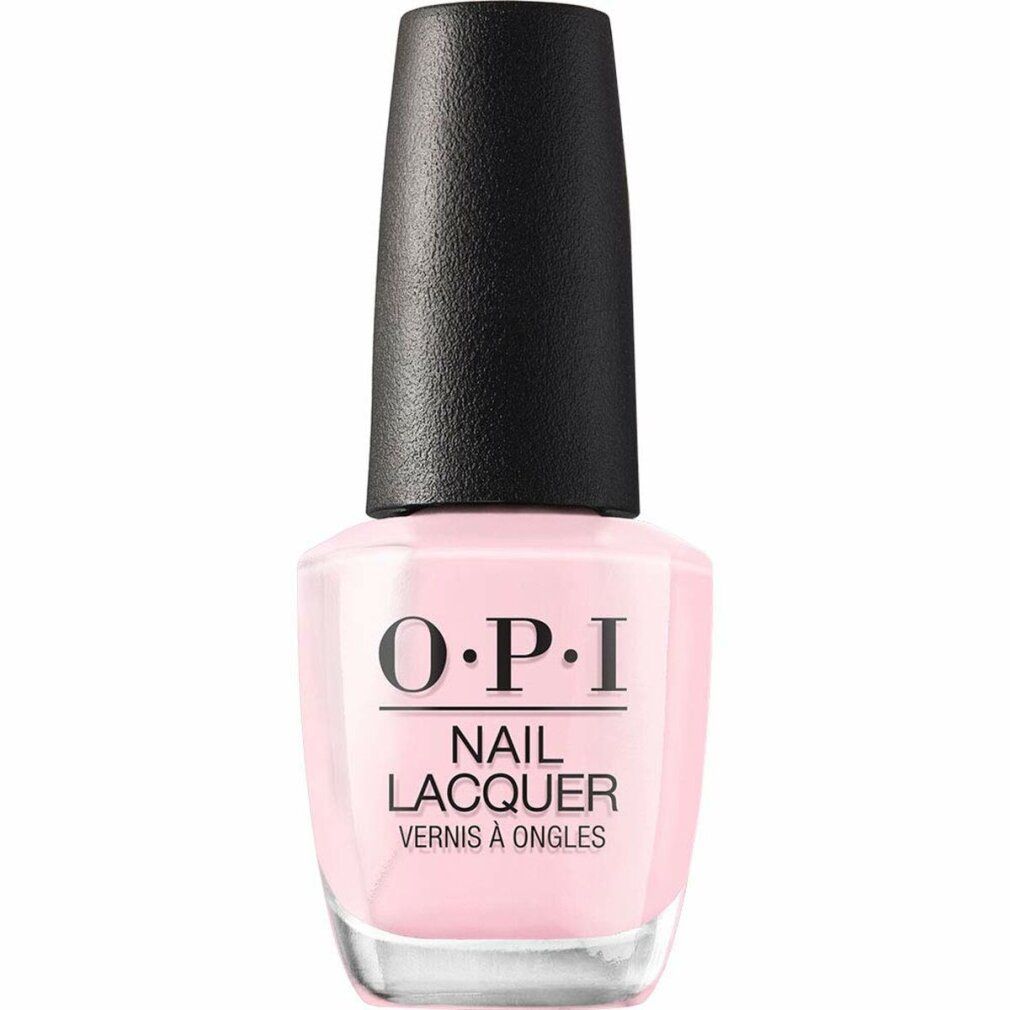 Smalto per unghie rosa OPI. Flacone in vetro con tappo nero. Scritta: OPI NAIL LACQUER. 15ml/0.5 fl oz.