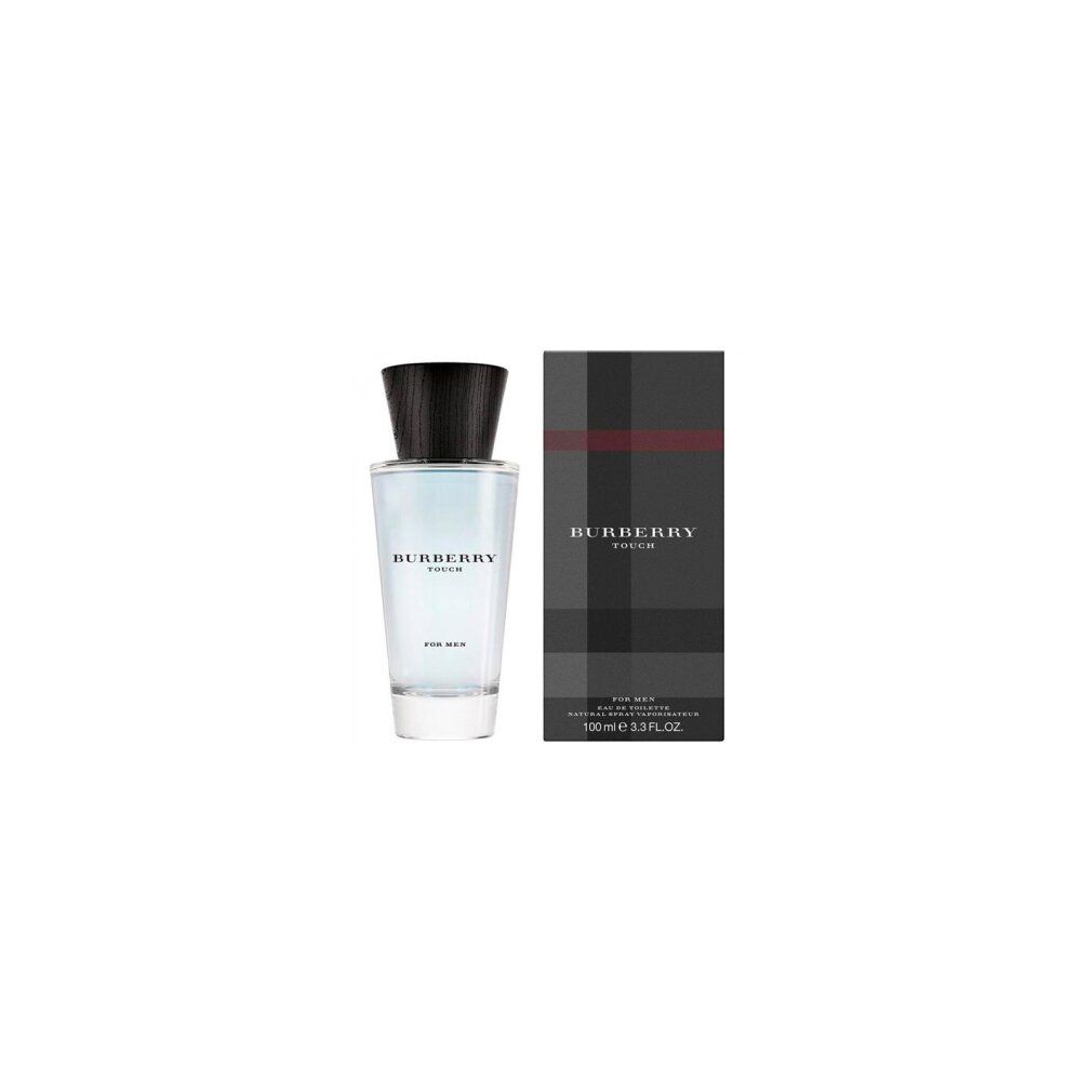Flacone e confezione Burberry Touch for Men. Flacone con tappo nero, accanto confezione con logo.