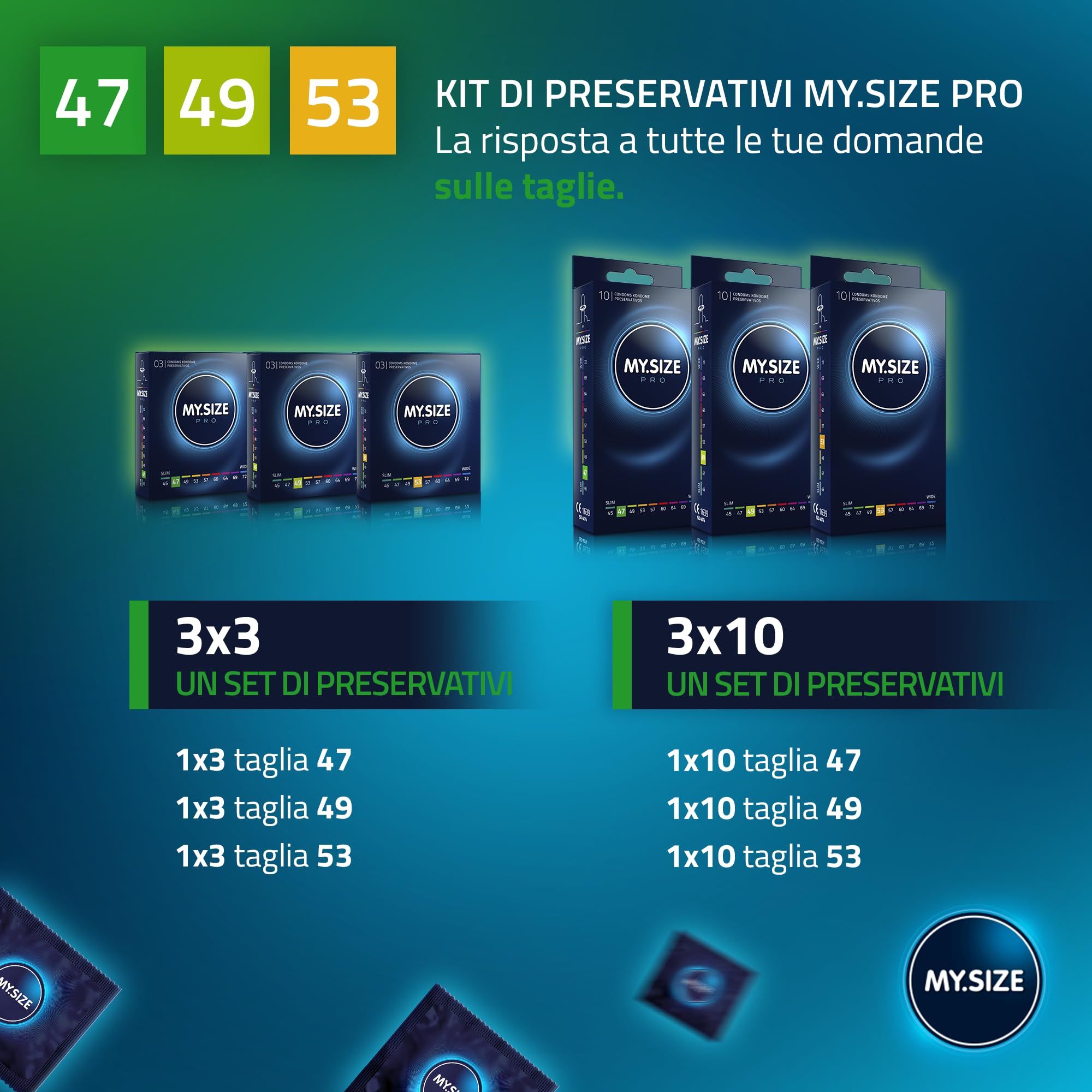 Coppia che si abbraccia, circondata da confezioni di preservativi My.Size PRO e preservativi singoli.