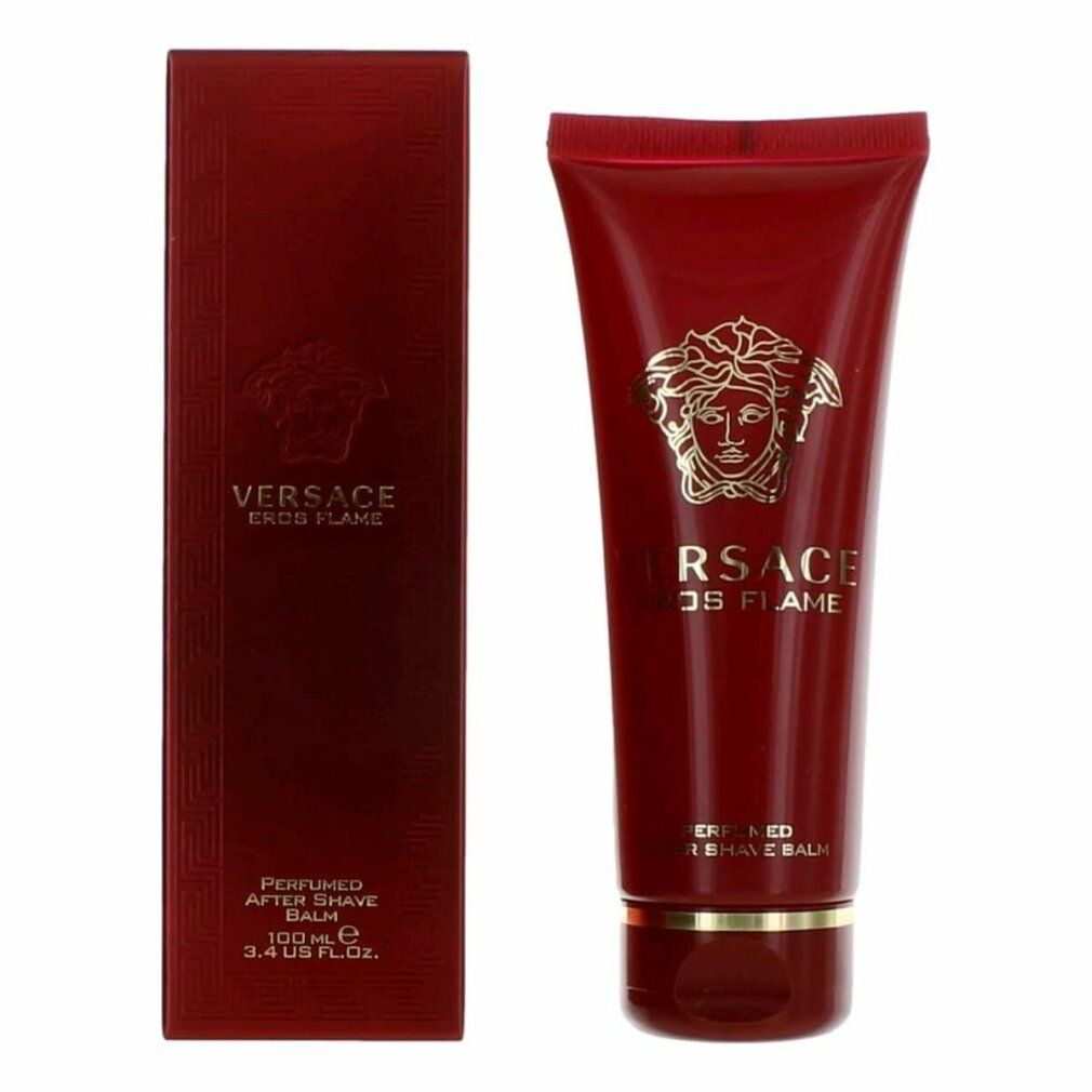 Tubo e scatola rossi. Tubo con logo e testo dorati. Testo: VERSACE EROS FLAME, After Shave Balm.