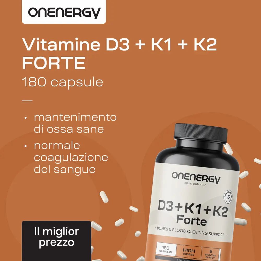 Flacone D3+K1+K2 Forte. Testo: Vitamine D3 + K1 + K2 FORTE. 180 capsule. Vantaggi.
