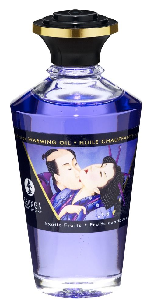 Flacone in vetro con olio blu. Immagine di coppia che si bacia. Scritta: Shunga, Exotic Fruits, Warming Oil.
