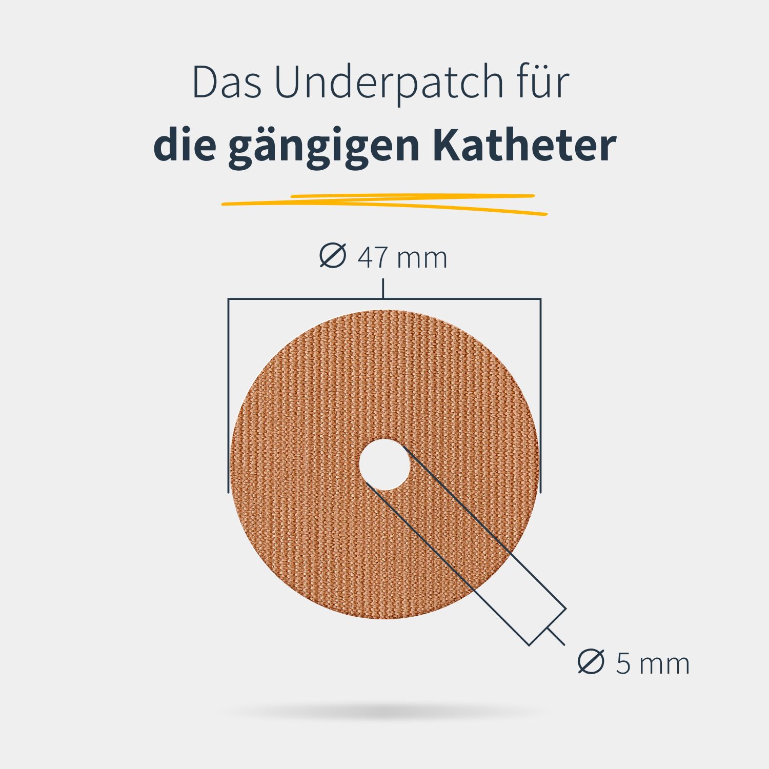 Cerotto rotondo beige per catetere, foro centrale. Diametro 47 mm, foro 5 mm. Testo: Il cerotto per catetere.