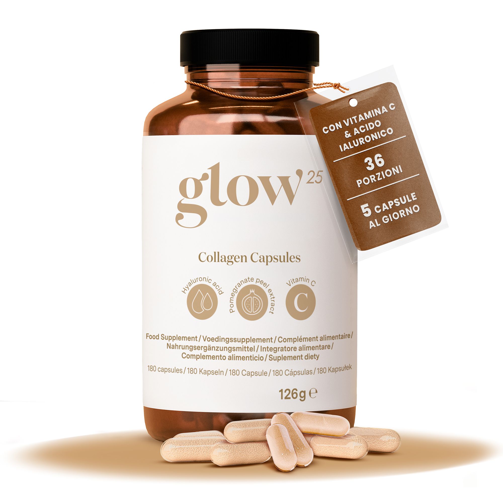 Glow25® Capsule di Collagene ad Alta Concentrazione Acido Ialuronico e Vitamina C "