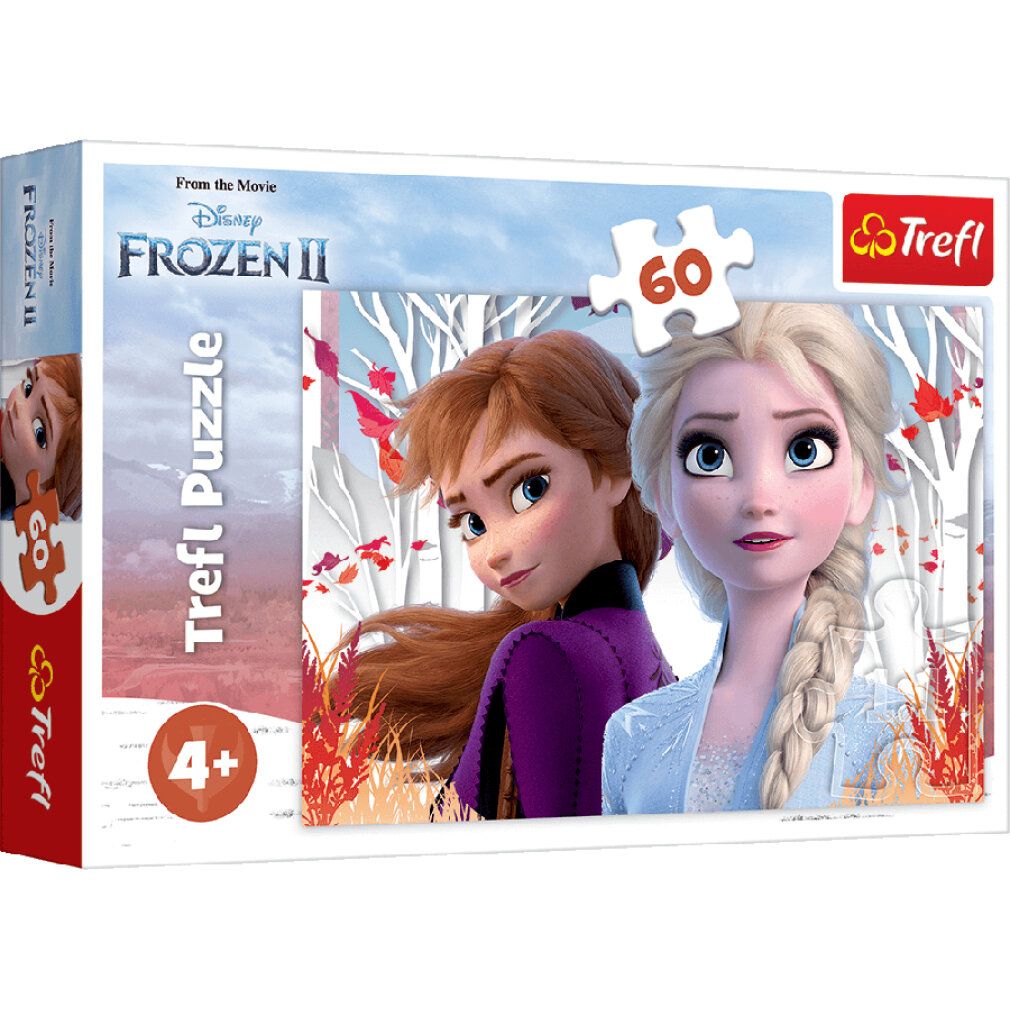 Puzzle 60 pezzi Disney Frozen II. Scatola con Anna ed Elsa. Marchio Trefl. Età consigliata 4+.