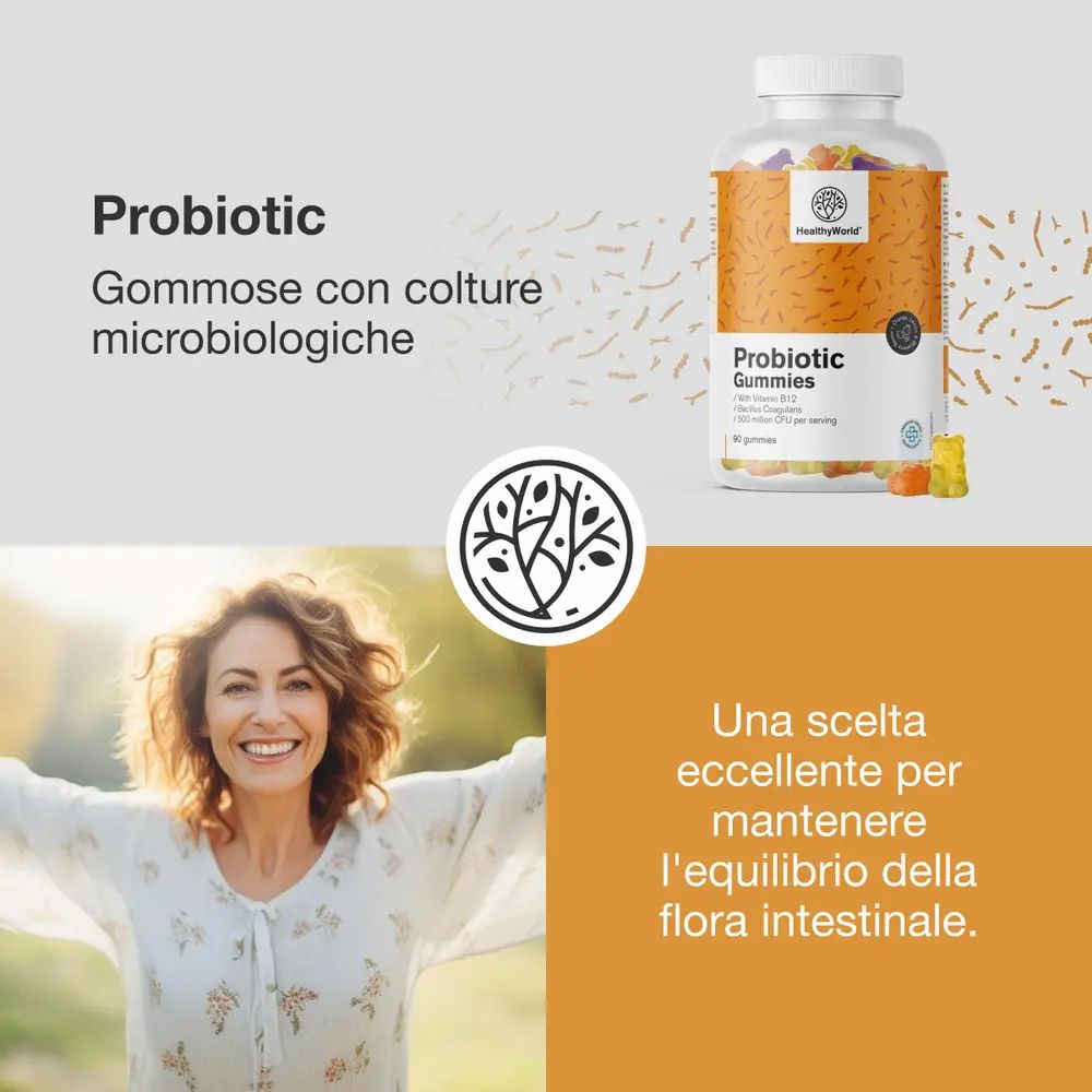 Flacone di Probiotic Gummis. Testo: Probiotic Gommose con colture microbiologiche, colture microbiologiche, vitamina B12.