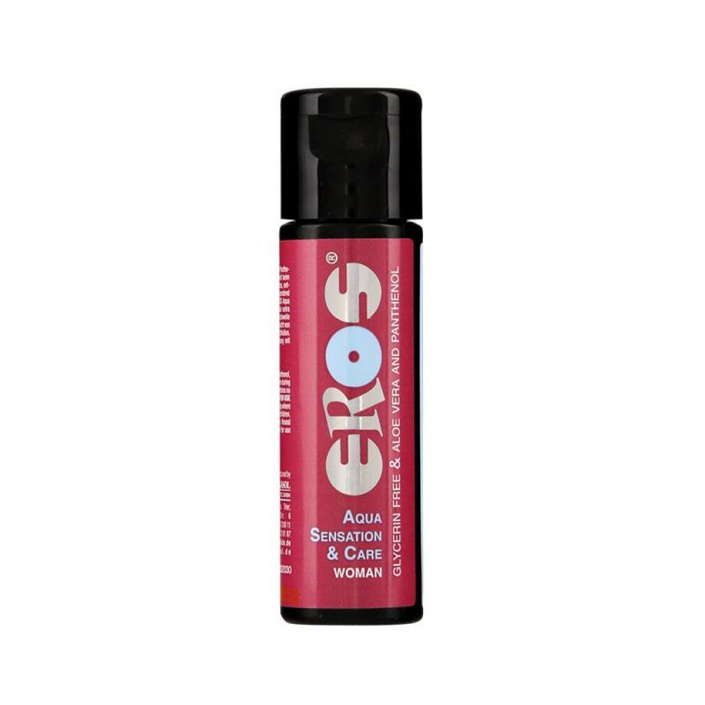 Flacone con tappo nero ed etichetta rossa. Scritta: EROS, Aqua Sensation & Care, Woman.