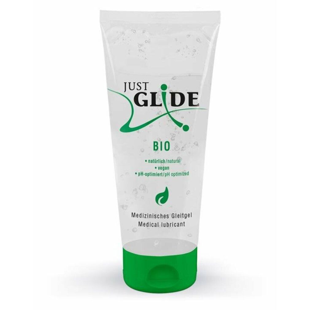 Tubo trasparente con tappo verde. Testo: JUST GLIDE BIO, vegano, pH ottimizzato, Lubrificante medico.