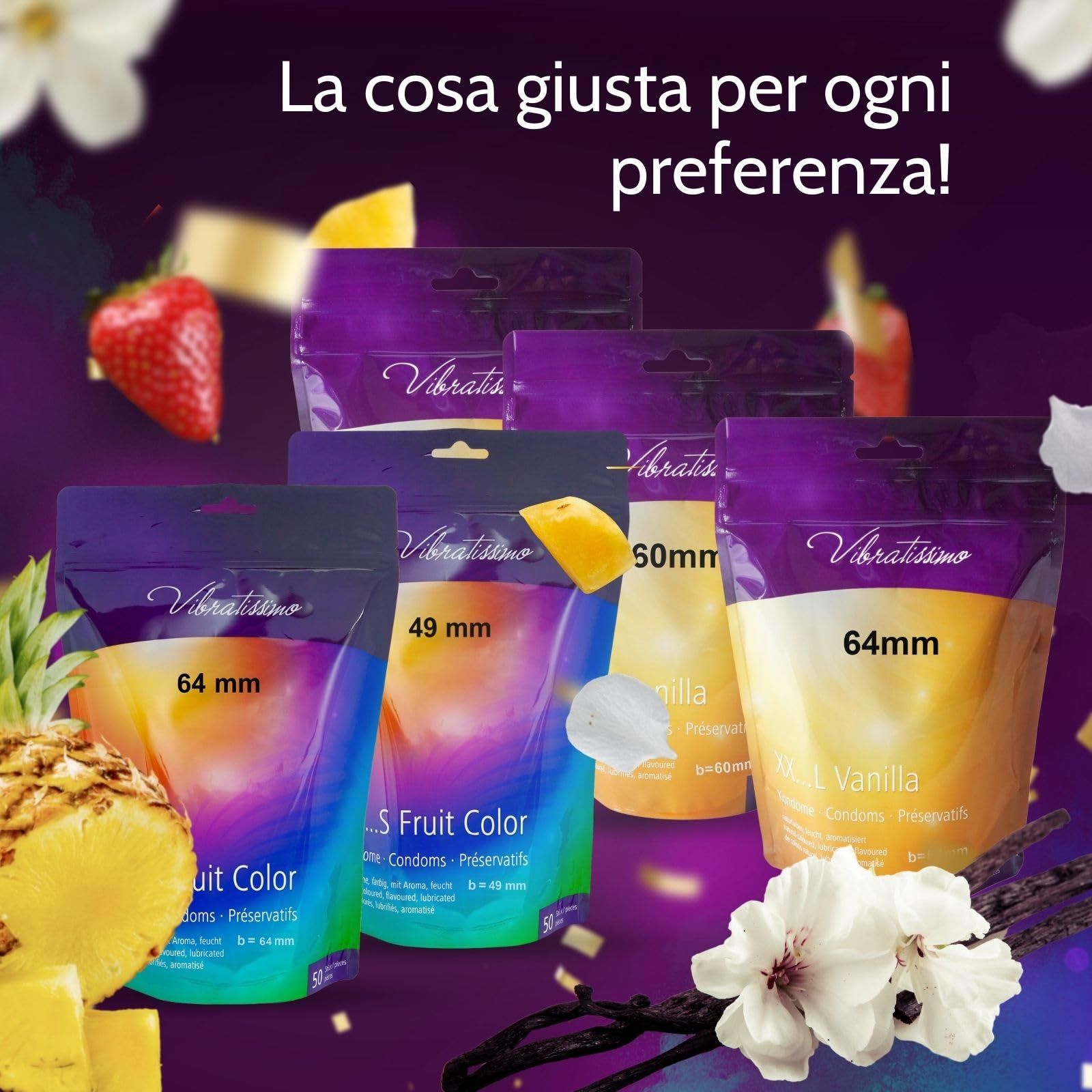 Preservativi Vibratissimo Vanilla XXL, 69mm, 50 pezzi, confezionati singolarmente.