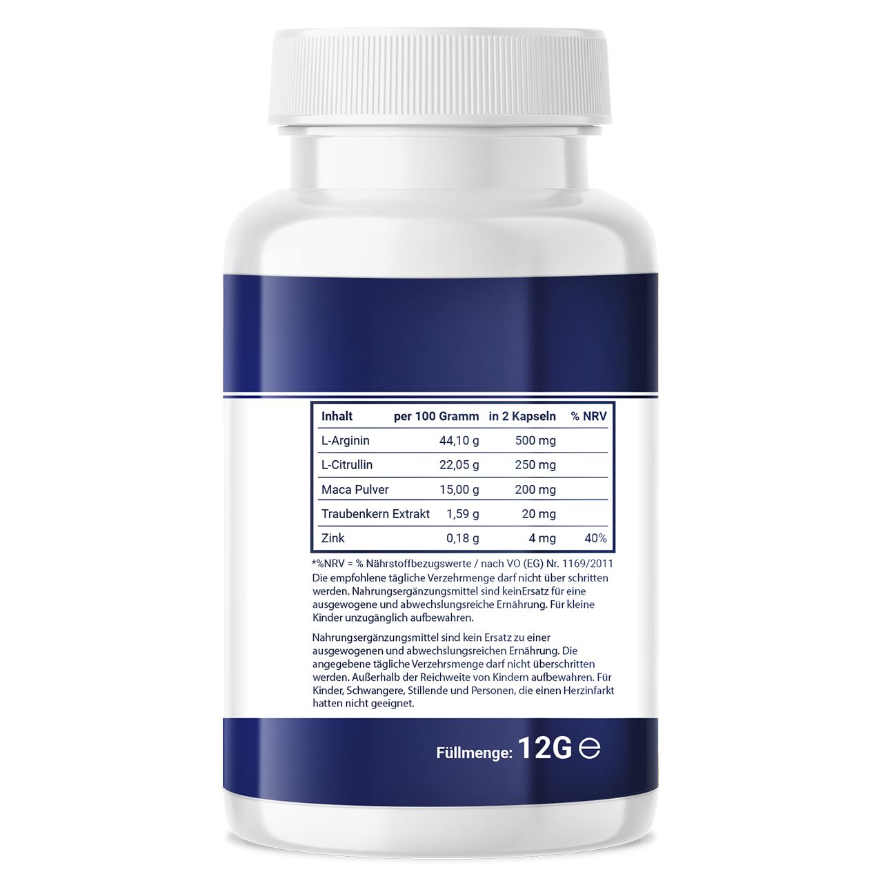 Retro del flacone. Contiene informazioni nutrizionali per 100g e 2 capsule. Ingredienti: L-Arginina, L-Citrullina, Maca, Zinco.