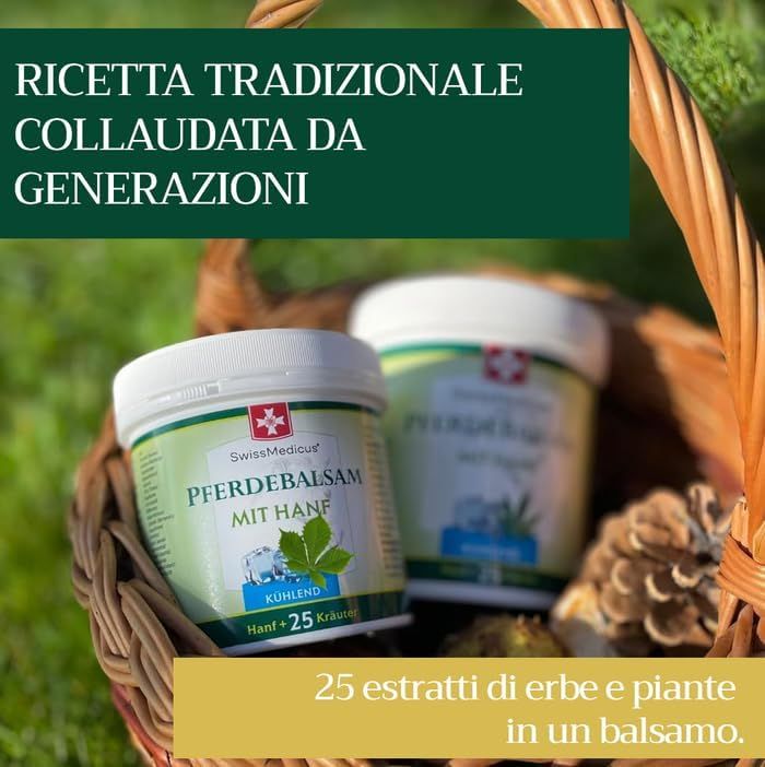 Due vasi SwissMedicus Pferdebalsam mit Hanf in un cesto. Testo: Ricetta tradizionale.