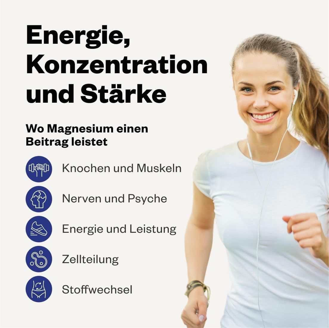 Donna che corre. Testo: Energia, concentrazione e forza. Ossa, muscoli, nervi, psiche, energia, prestazioni.