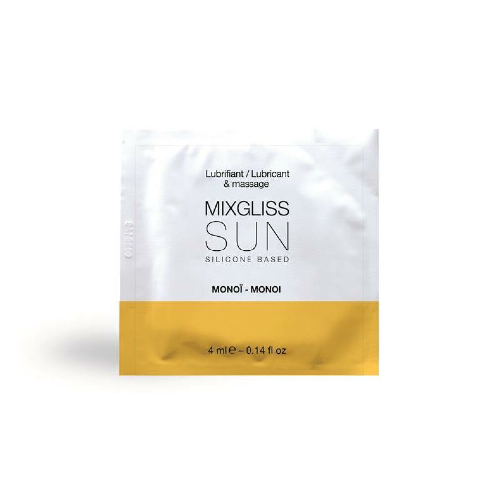 Confezione singola con banda gialla. Scritta: MIXGLISS SUN, SILICONE BASED, MONOI. 4 ml.