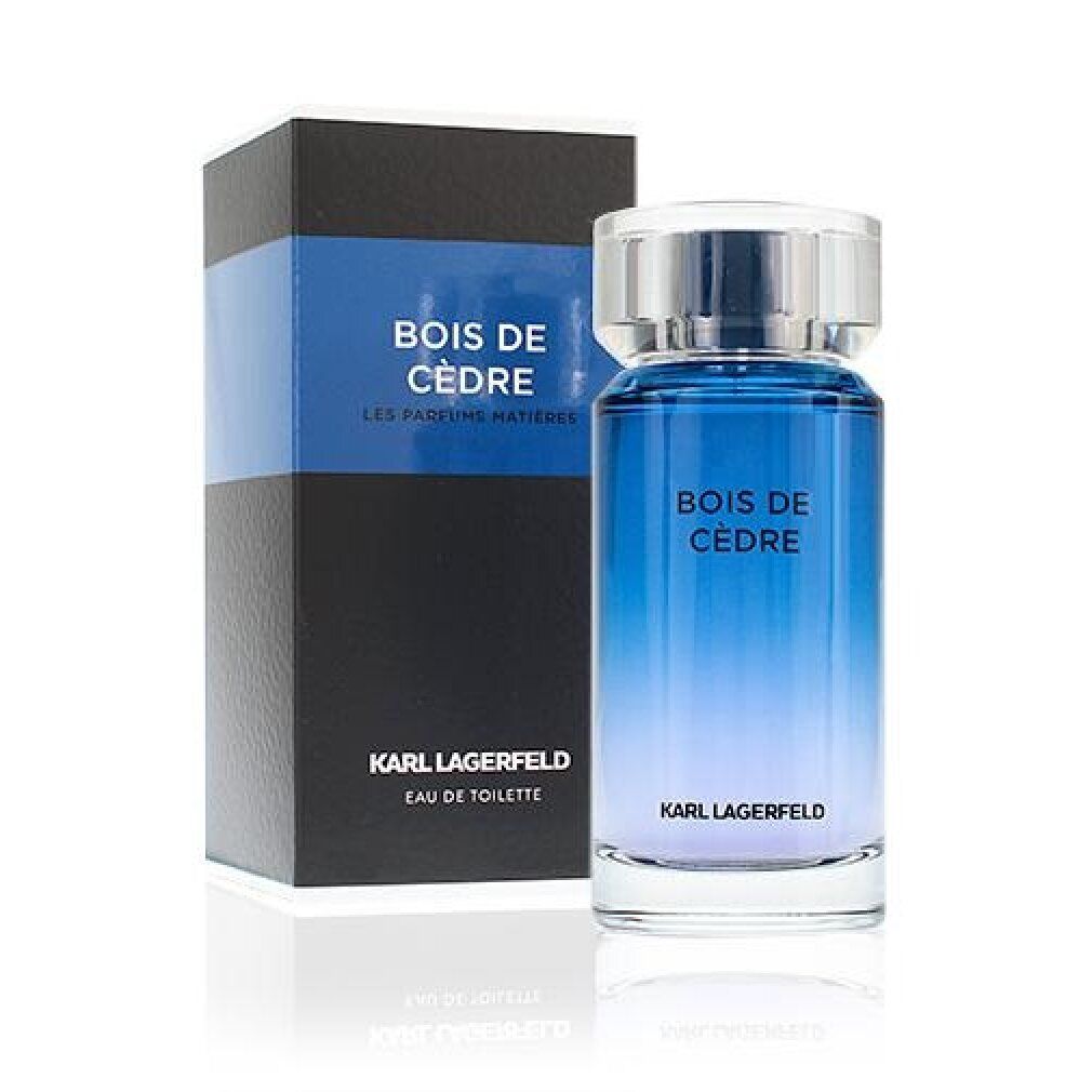 Flacone e scatola. Scritta: BOIS DE CÈDRE, KARL LAGERFELD, Eau de Toilette. 50 ml, 1.7 FL.OZ.