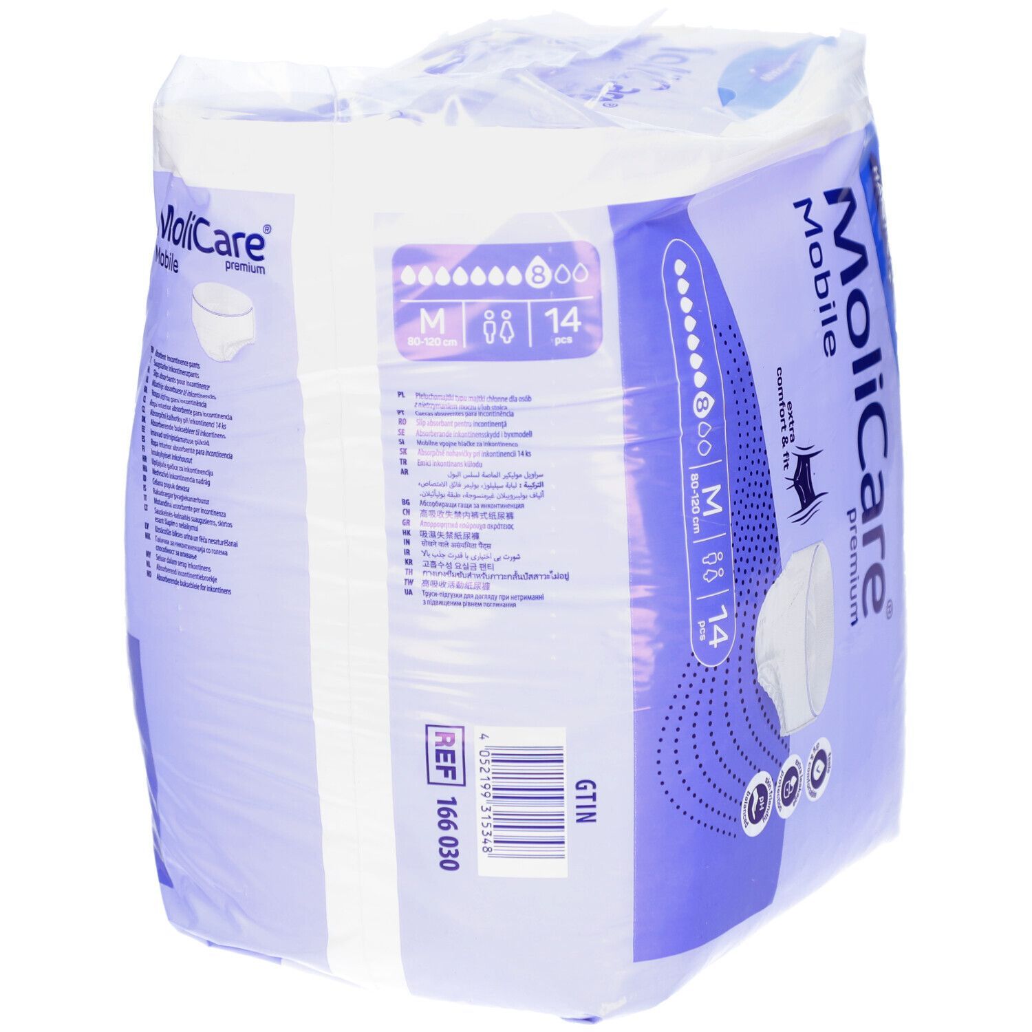 Confezione di MoliCare® premium Mobile Pants M. Contiene 14 pezzi. Taglia M, 80-120 cm. Marchio Hartmann.