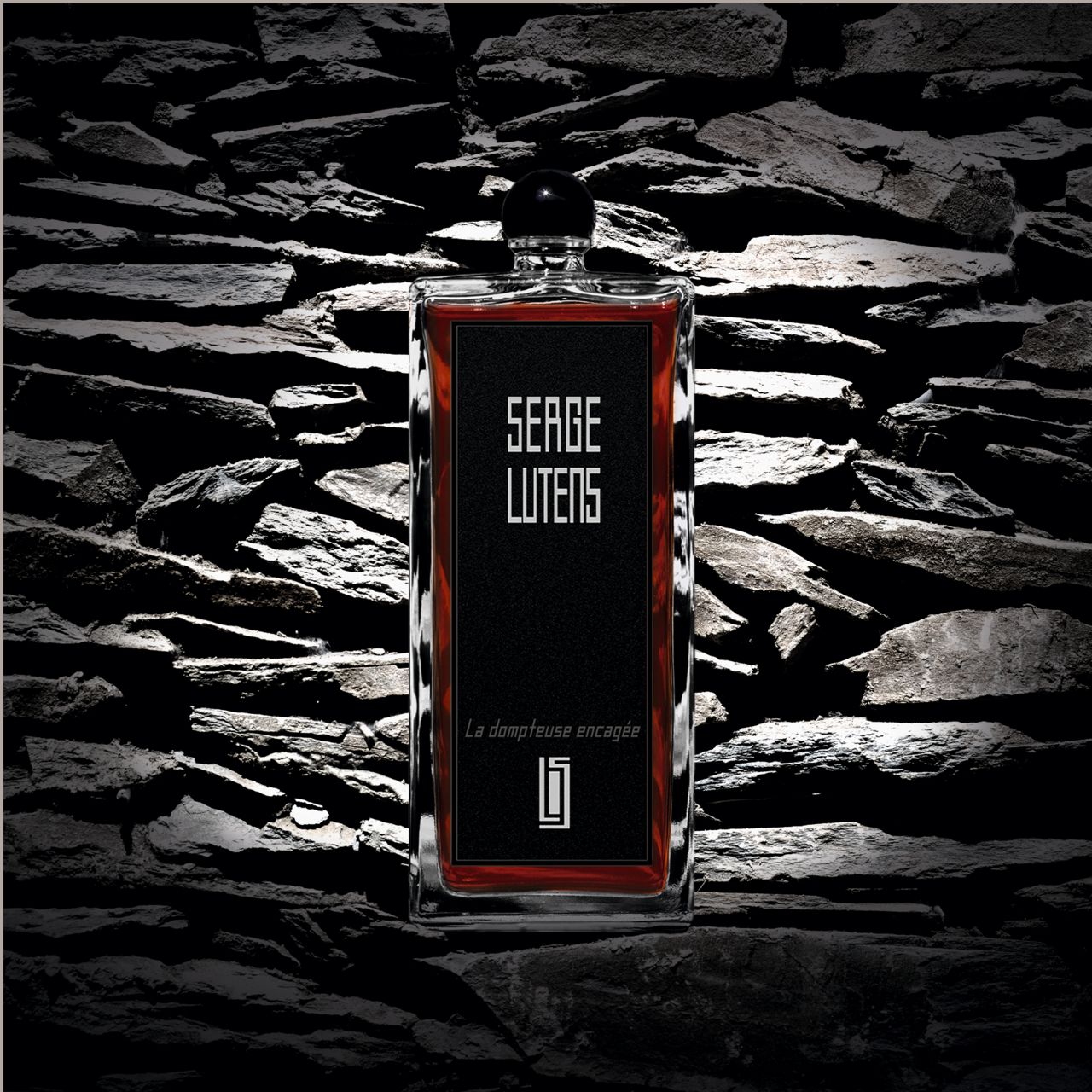 Flacone rettangolare con etichetta nera. Scritta: Serge Lutens. Tappo nero. Posizionato davanti a un muro di pietra.