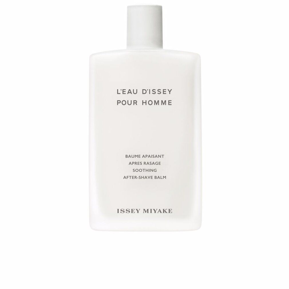 Flacone bianco con testo L'Eau d'Issey pour Homme. Testo: Baume Apaisant, Après Rasage, Soothing, After-Shave Balm. Marchio: Issey Miyake.