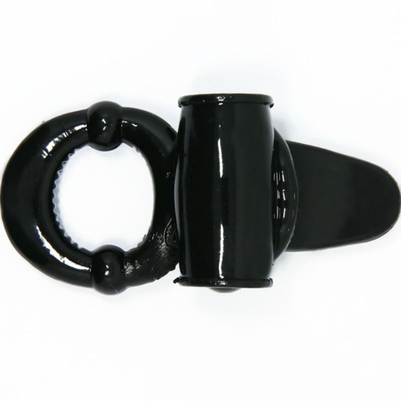 Anello penieno nero con stimolatore clitorideo. Base ad anello con dettagli. Stimolatore con punti in rilievo.