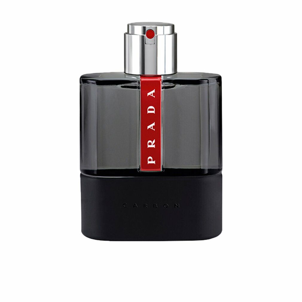 Prada Luna Rossa Carbon Eau de Toilette. Flacone nero, striscia rossa con logo Prada. Tappo argentato.