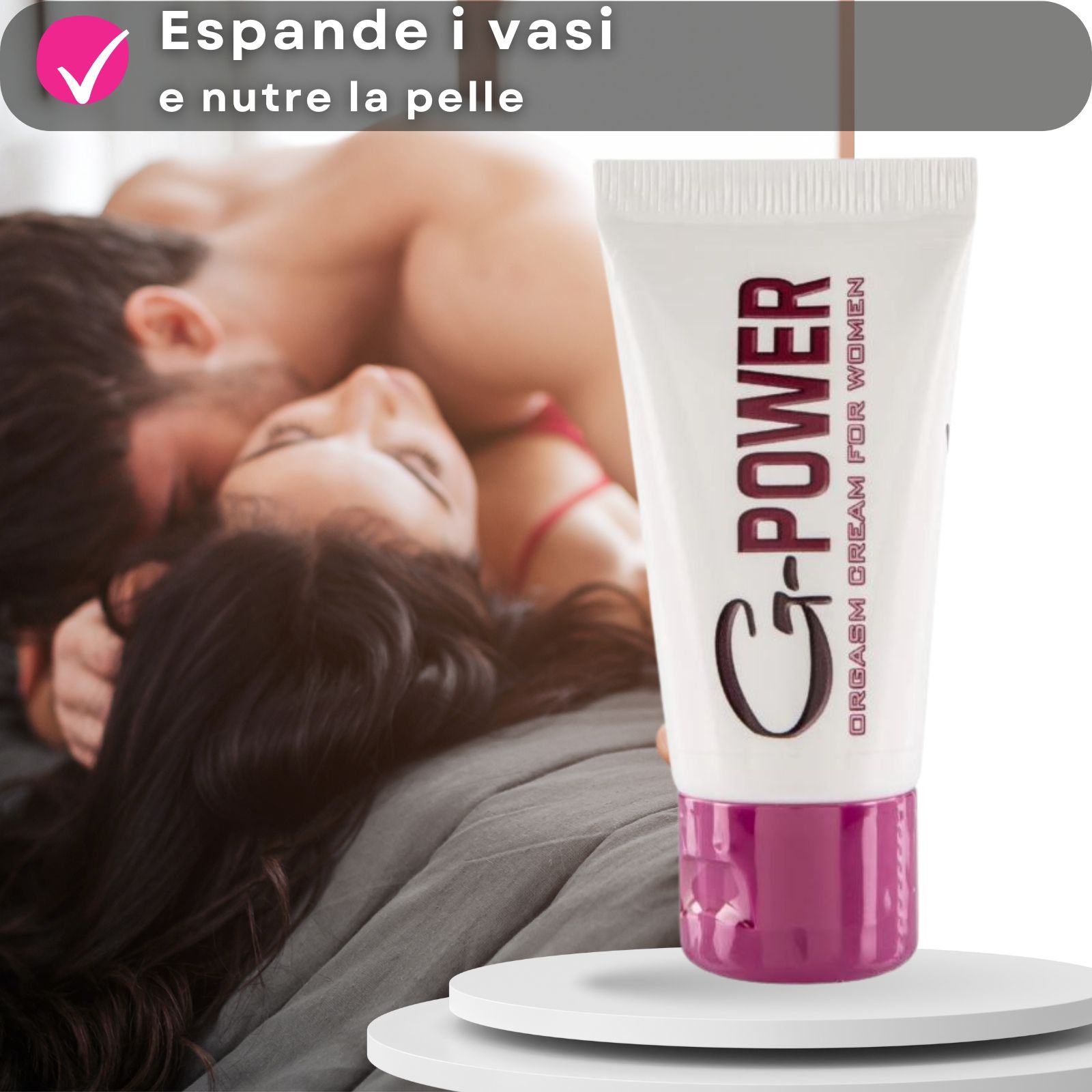 Tubo di crema G-POWER. Testo: Crema orgasmica per donne. Colori rosa e bianco. Coppia sullo sfondo.
