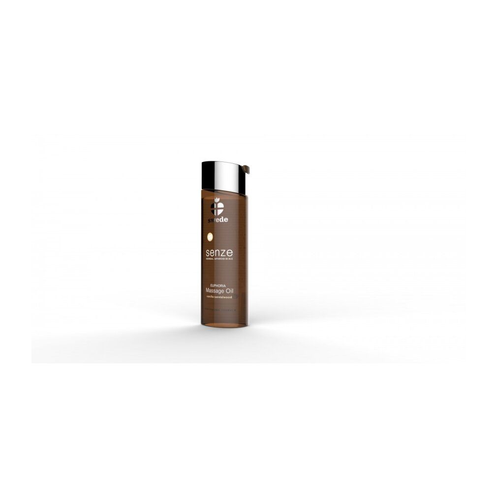 Flacone marrone con tappo argentato. Scritta: senze, Euphoria Massage Oil, vanilla sandalwood.