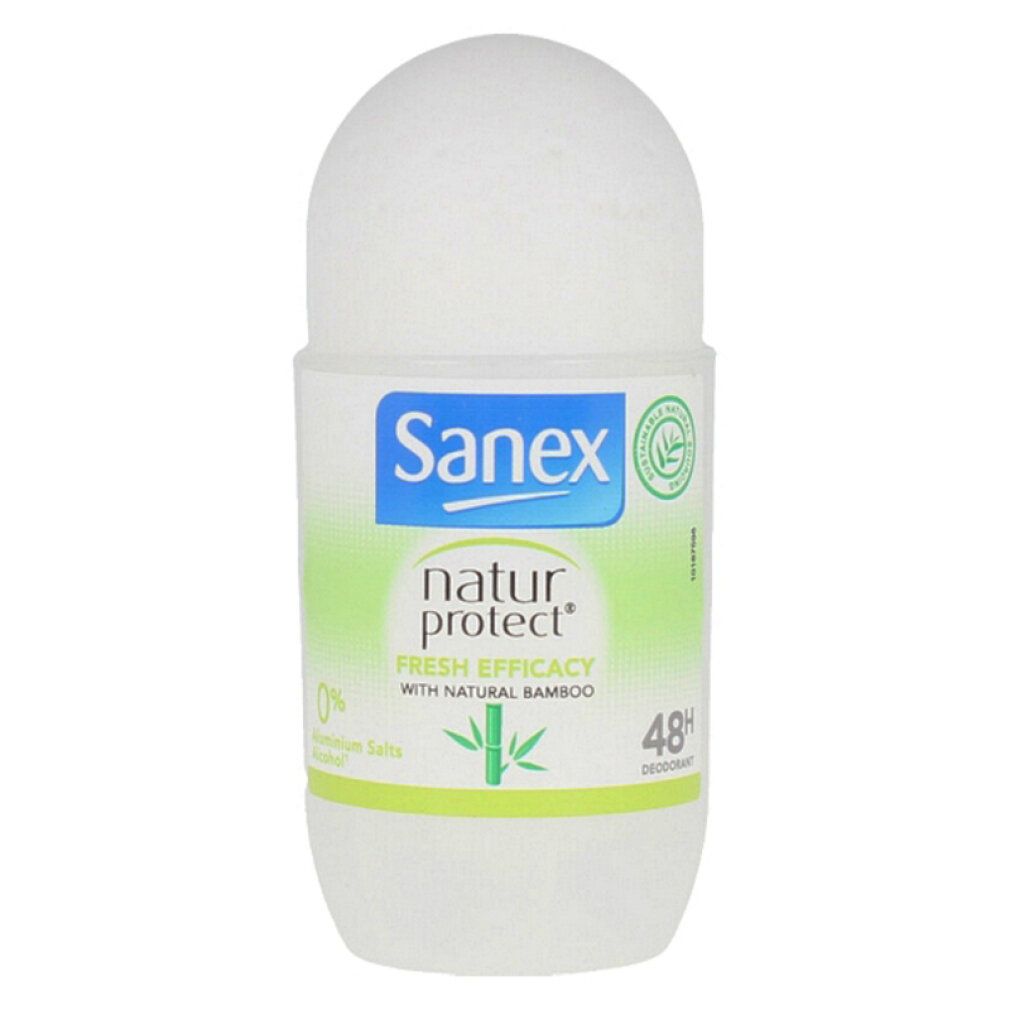 Deodorante roll-on Sanex Natur Protect. Contenitore bianco con testina roll-on. Contiene bambù. Protezione 48h. Senza sali di alluminio.