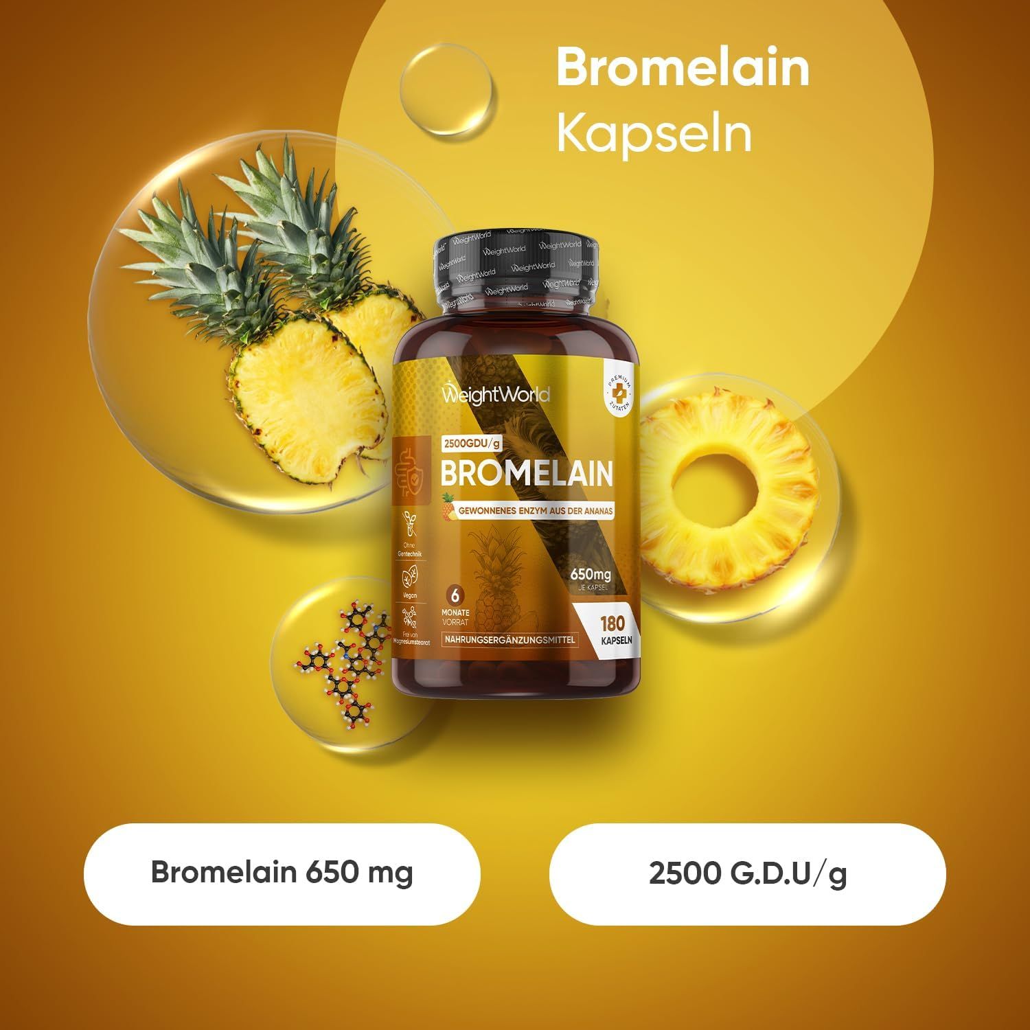 Flacone marrone con capsule, illustrazioni di ananas. Scritta: Bromelain, 650 mg, 180 capsule. Sfondo giallo.